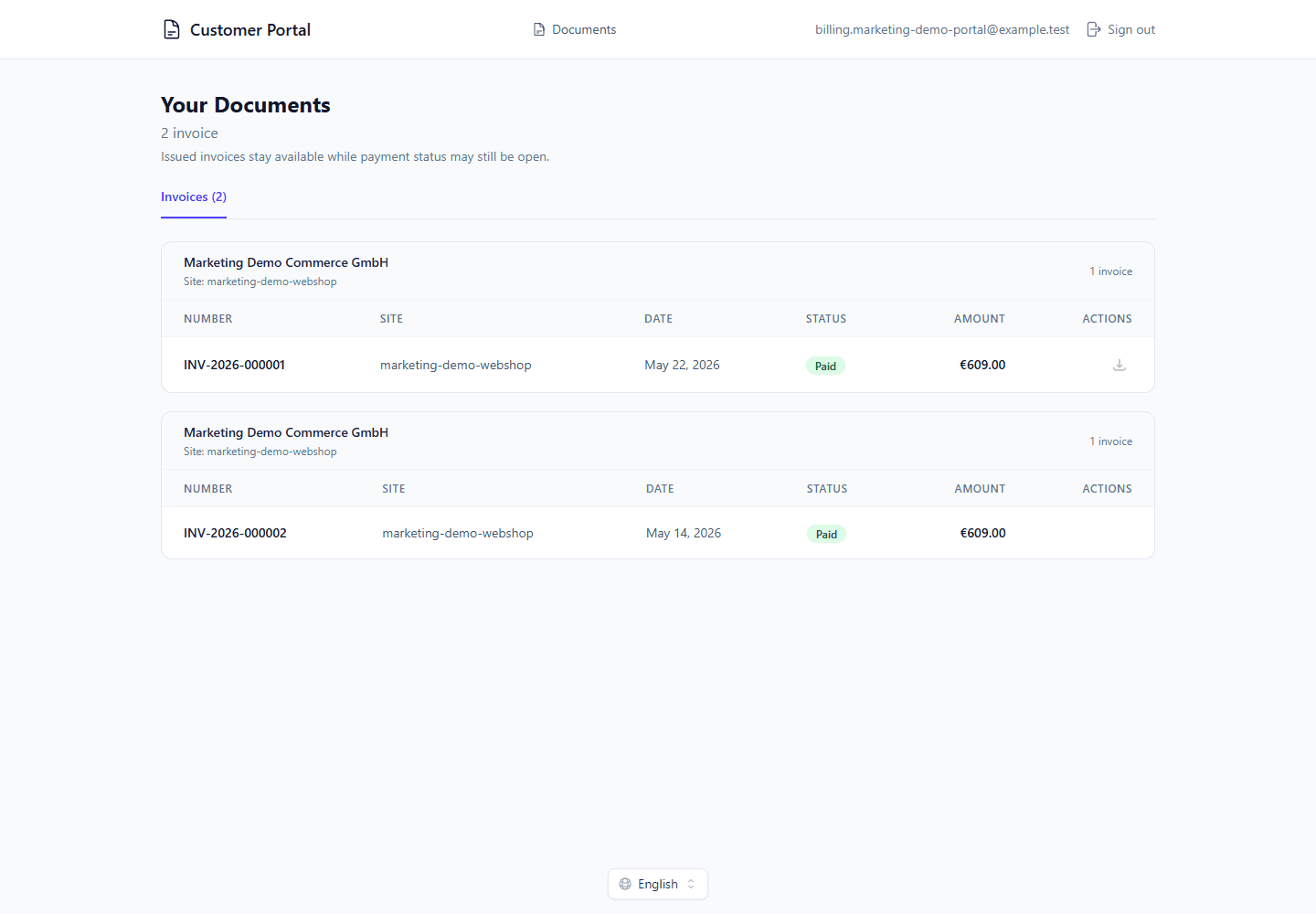 Customer portal document list showing an issued invoice grouped by site and organization