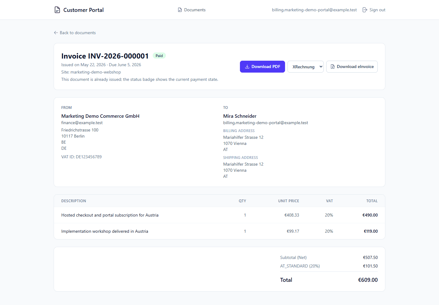Customer portal invoice detail showing line items, totals, and document download actions