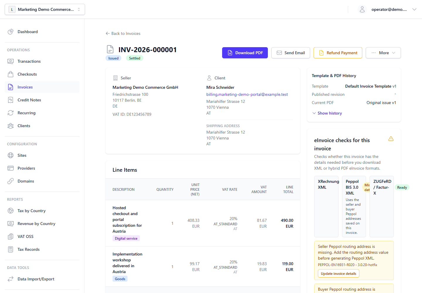 Invoice detail showing seller and client snapshots, payment state badges, totals, document actions, line items, and billing details