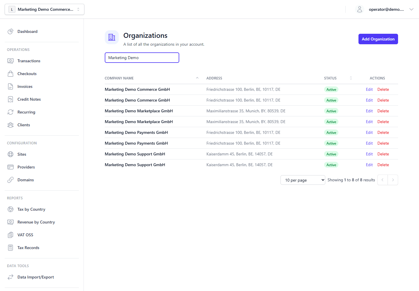 Organization management showing multiple demo tenants in one self-hosted deployment