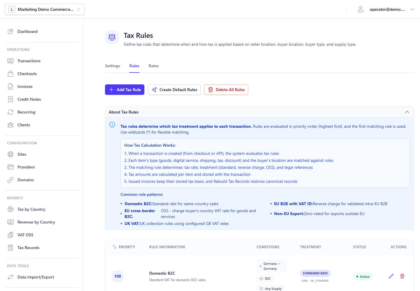 Tax rules page showing domestic, reverse-charge, and OSS B2C rule rows with priority and active state