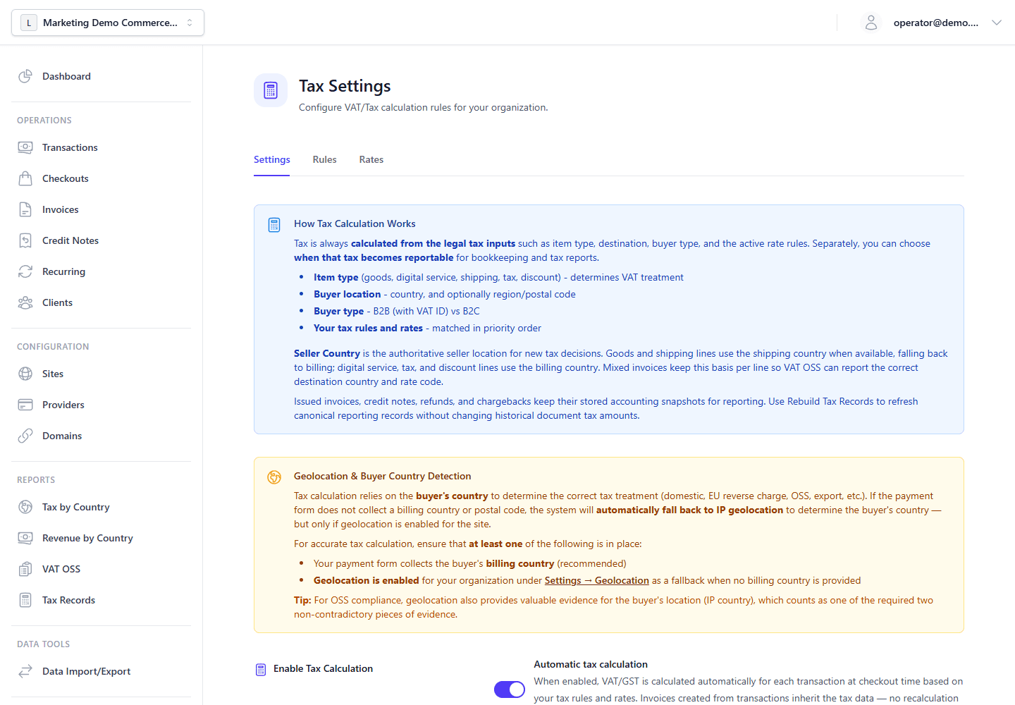 Tax settings page showing calculation guidance, buyer-country detection guidance, and Settings, Rules, and Rates tabs