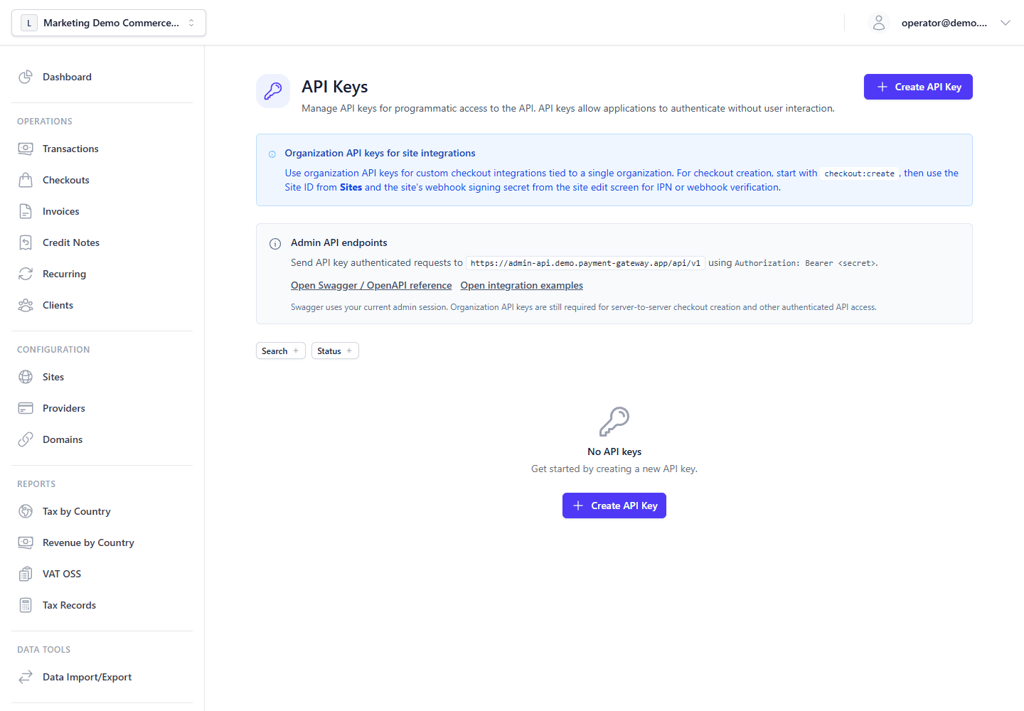 API key management showing organization-scoped keys, creation controls, and checkout scope guidance