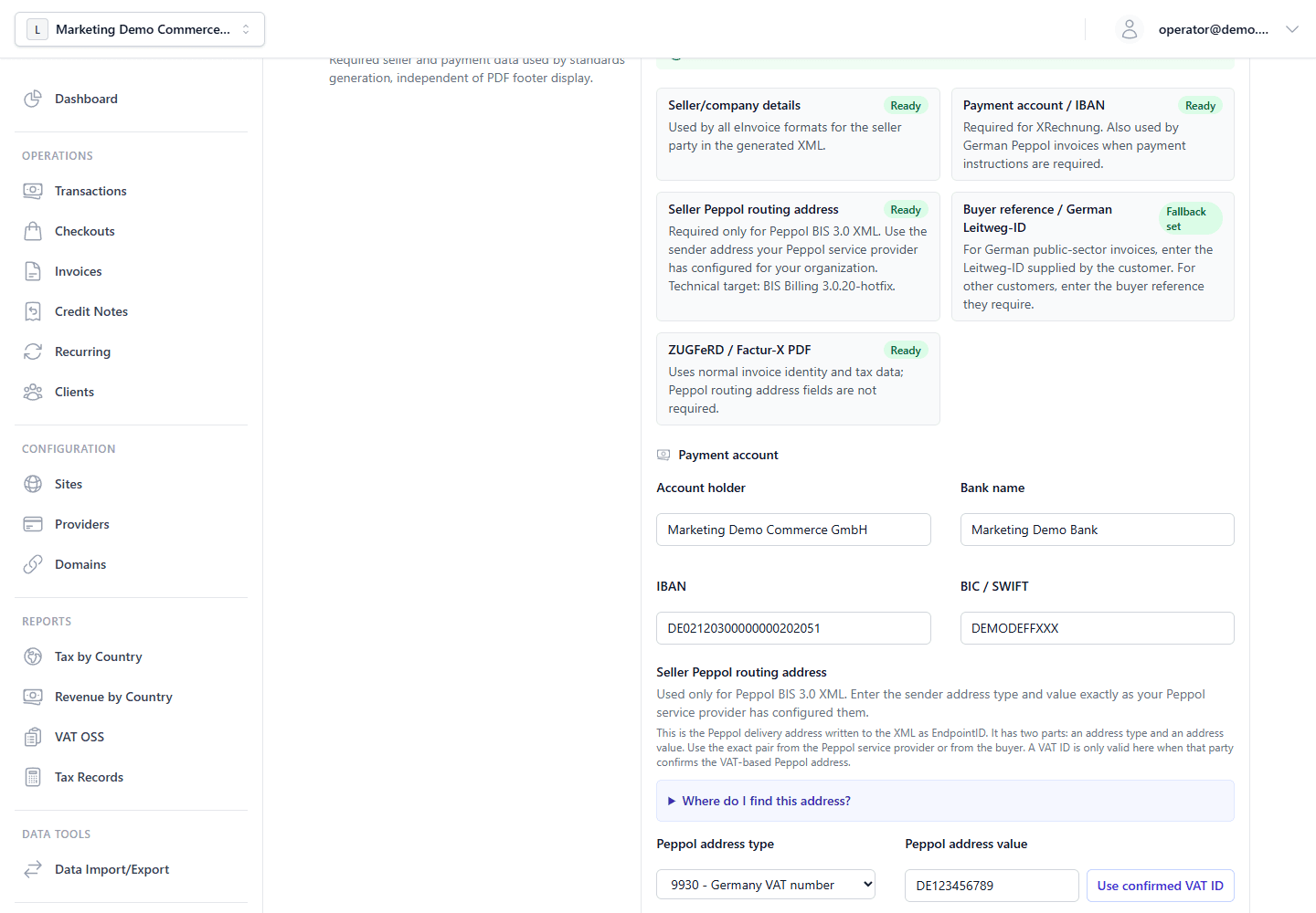 E-invoicing settings page showing format-specific readiness for XRechnung, Peppol BIS 3.0 XML, ZUGFeRD/Factur-X, payment account, Peppol routing address, and seller identity fields