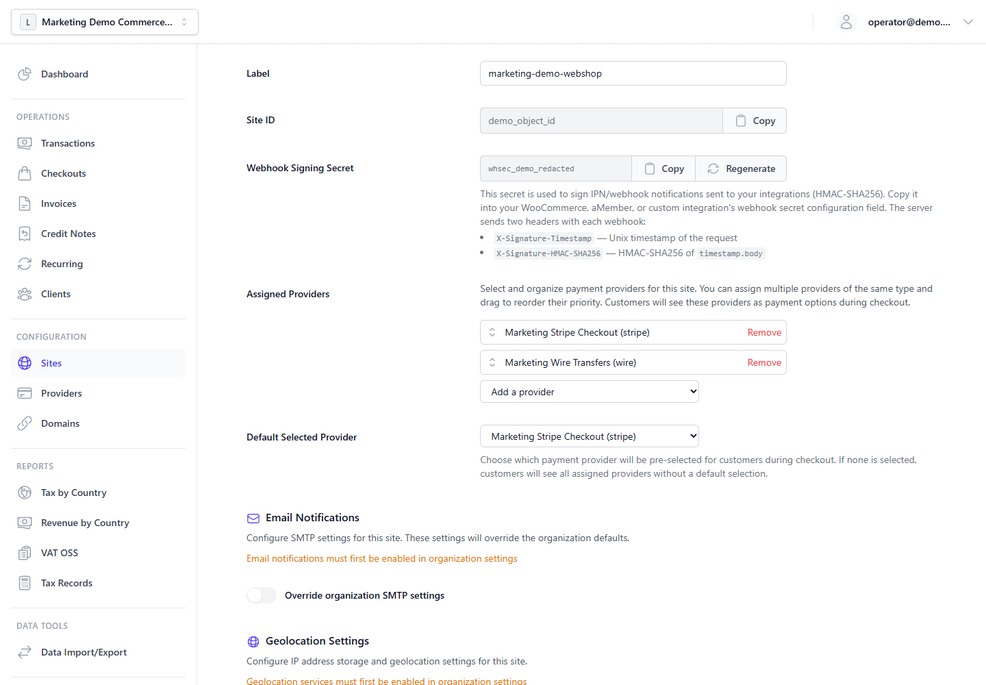 Site edit screen showing assigned Stripe and wire transfer providers for a storefront site