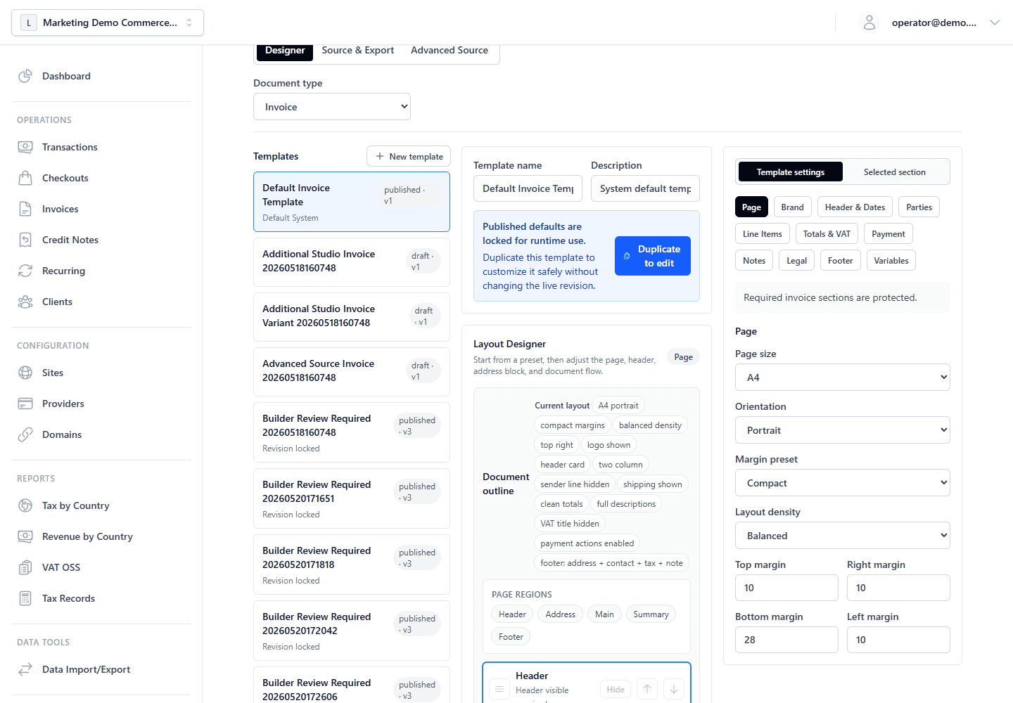 Templates workspace showing document channel selection, template list, layout outline, readiness status, and PDF proof controls